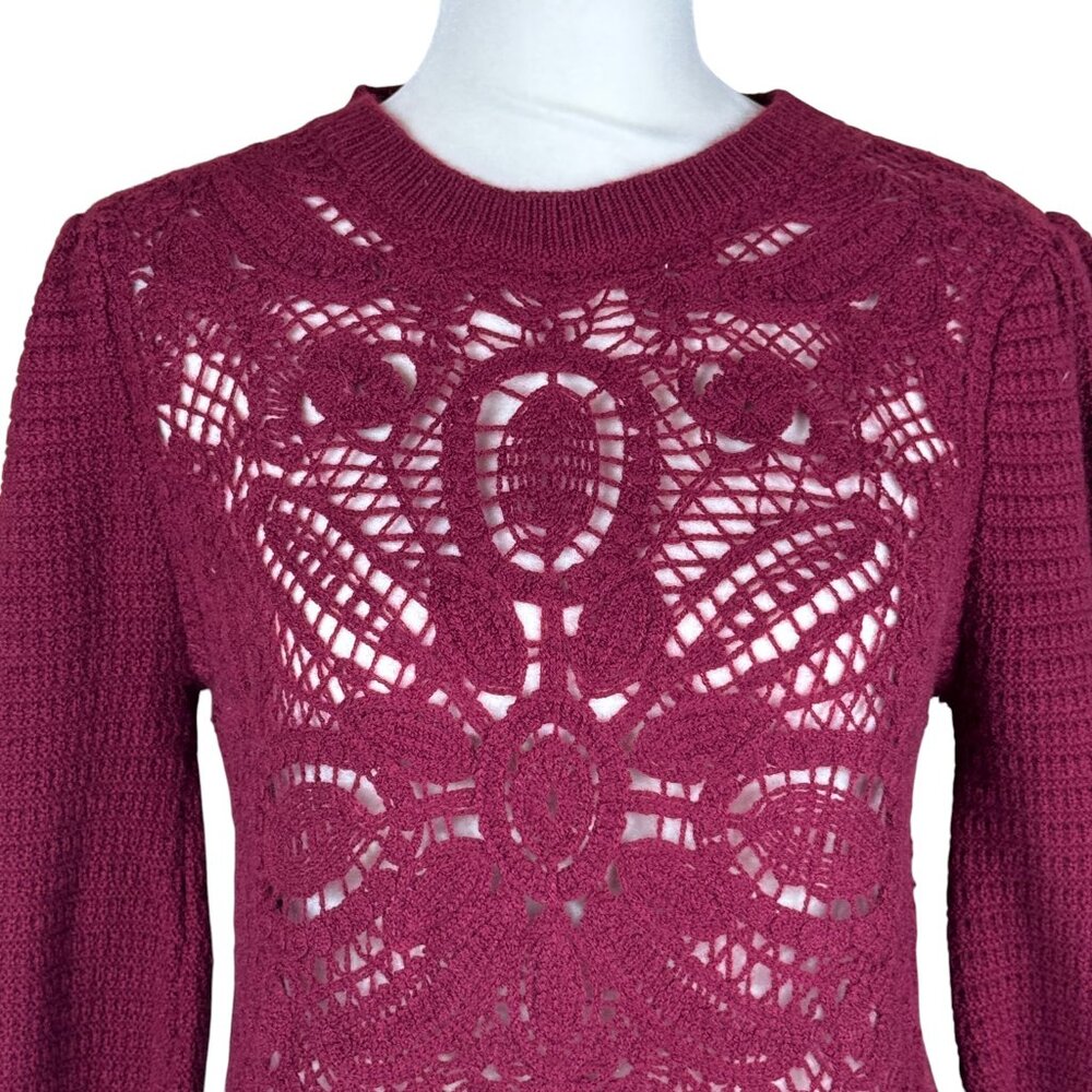 Joie Burgundy Embroidered Knit Puff Sleeve Sweater Sheer Front Size S - Picture 4 of 11